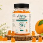 A bottle of NutraMind BrainBoost+ gummies, 60 orange gummies for 30 daily servings