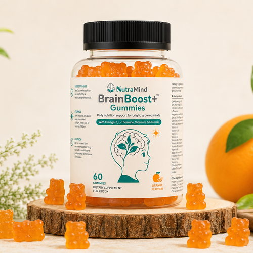A bottle of NutraMind BrainBoost+ gummies, 60 orange gummies for 30 daily servings