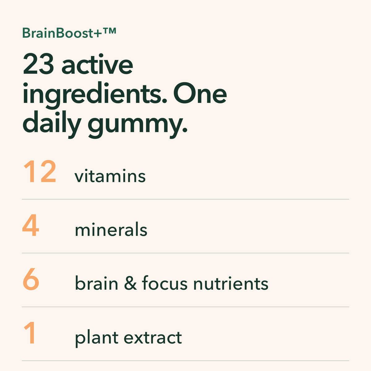 23 active ingredients in one daily gummy: 12 vitamins, 4 minerals, 6 brain and focus nutrients, 1 plant extract
