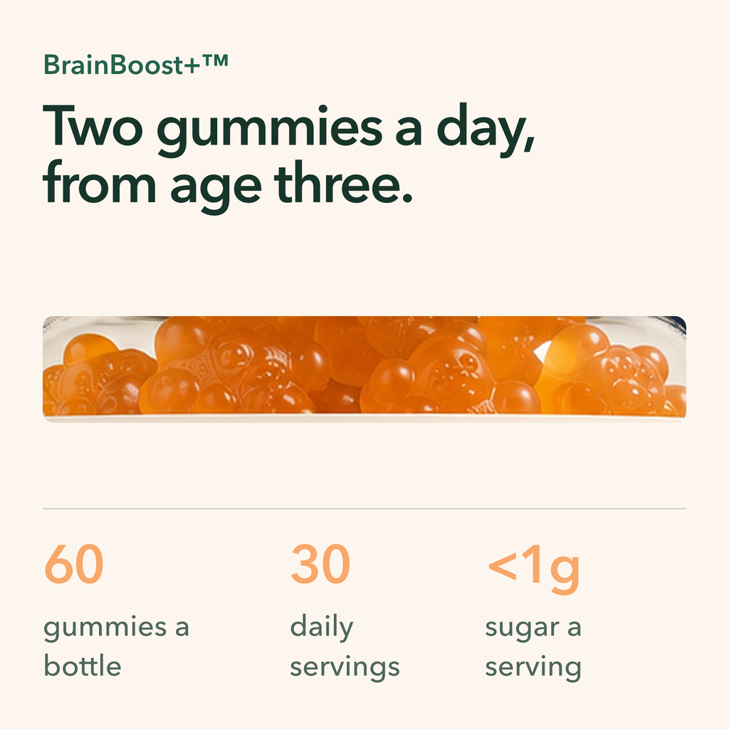 Two gummies a day from age three: 60 gummies a bottle, 30 daily servings, under 1g of sugar a serving