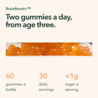 Two gummies a day from age three: 60 gummies a bottle, 30 daily servings, under 1g of sugar a serving