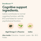 Cognitive support ingredients: algal Omega-3, L-Theanine and iodine, with citicoline, inositol, lutein, B6, B12 and folate also in the formula